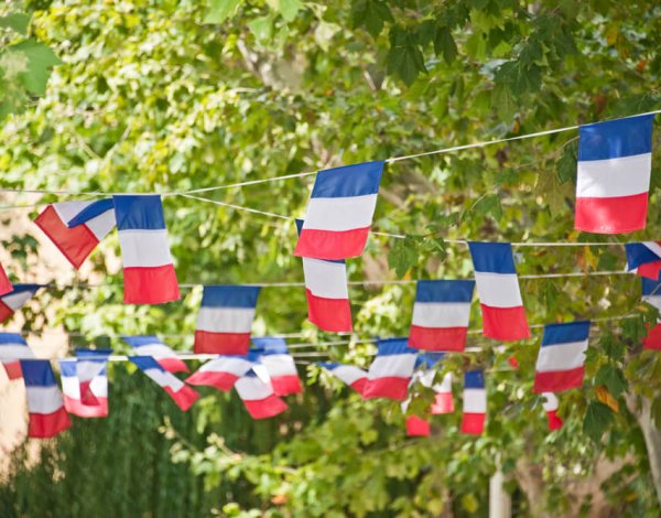 French,Flags,Garland,Decorating,A,Village,Square,,Bastille,Day,July