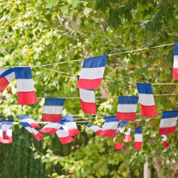 French,Flags,Garland,Decorating,A,Village,Square,,Bastille,Day,July